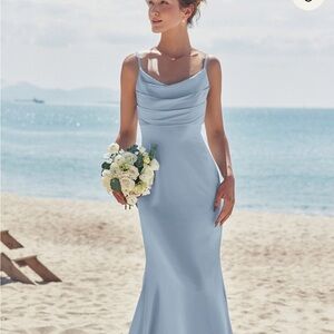 Sheath/Column neck, sleeveless, floor length stretch satin dress. Dusty Blue
